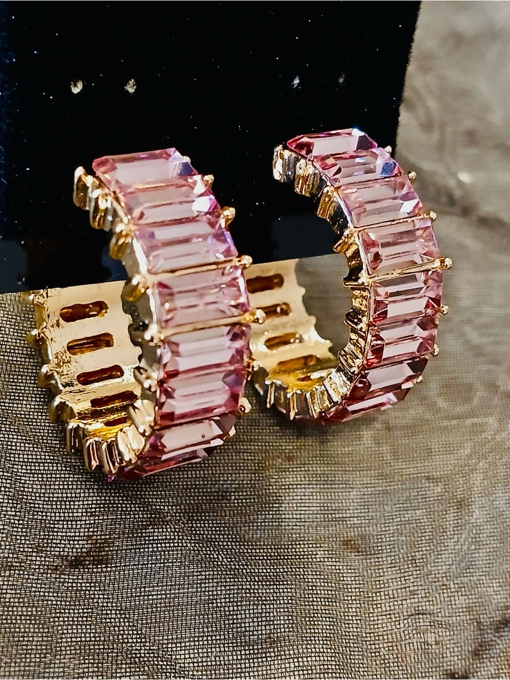 Pink Crystal Baguette Hoop Earrings - Gold Tone